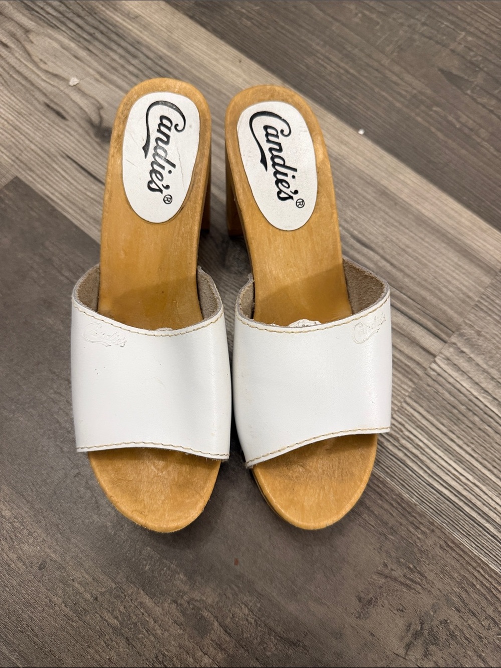 Candie's White Leather Slide Mules with Wood-Tone Heel Vintage Size 7